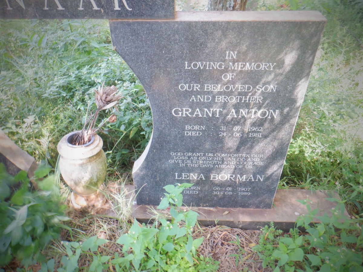 PIENAAR Maxwell Victor 1929-1988 &amp; Coleen Cornelia 1931- :: PIENAAR Grant Anton 1962-1981 :: BORMAN Lena 1907-1989
