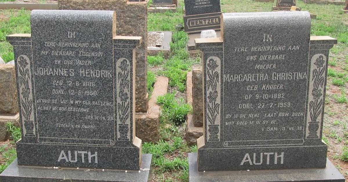 AUTH Johannes Hendrik 1888-1958 &amp; Margaretha Christina KRUGER 1892-1959