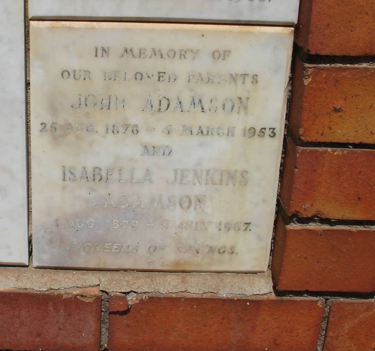 ADAMSON John 1878-1953 &amp; Isabella Jenkins 1879-1967
