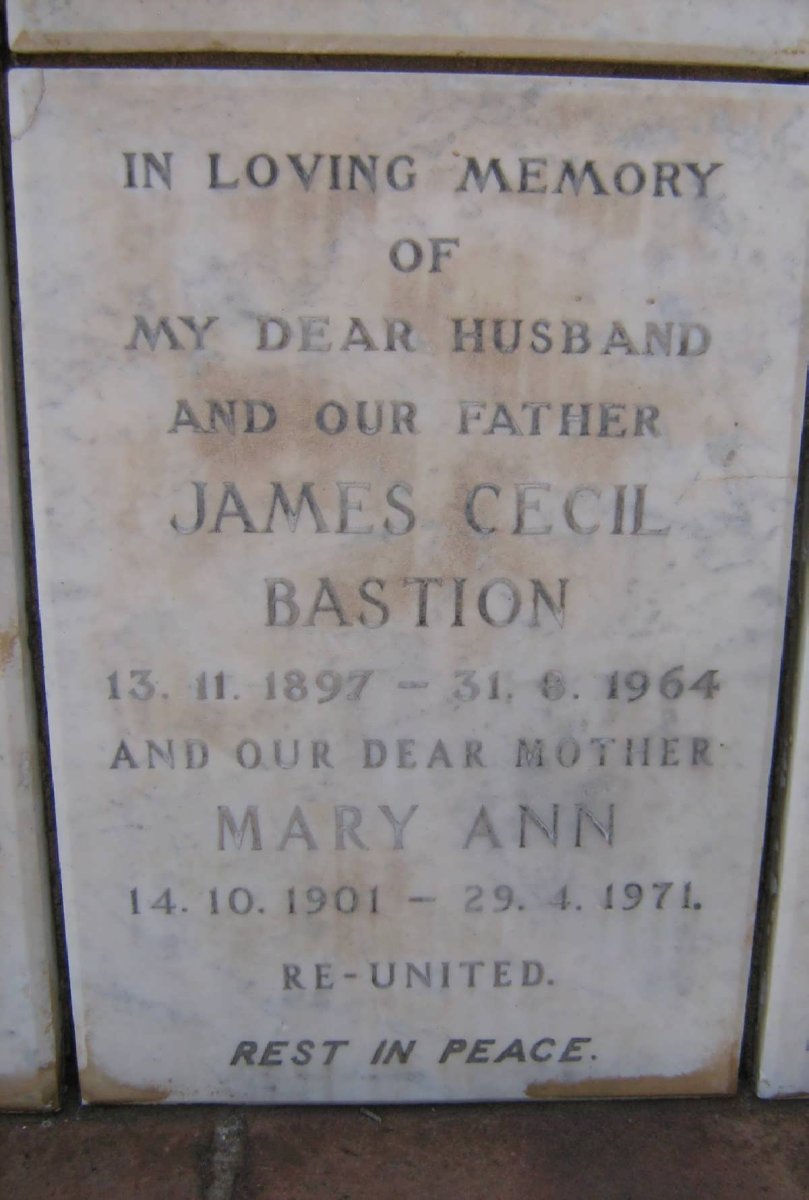 BASTION James Cecil 1897-1964 &amp; Mary Ann 1901-1971
