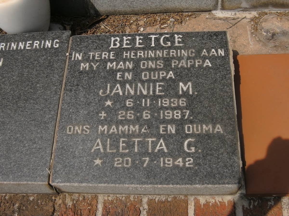 BEETGE Jannie M. 1936-1987 &amp;  Aletta G. 1942-