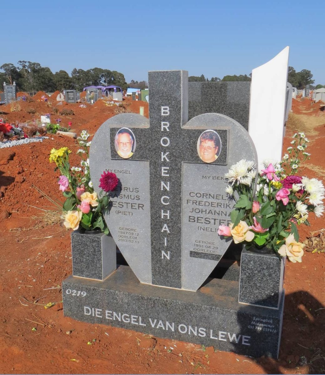 BESTER Petrus Erasmus 1947-2013 &amp; Cornelia  Frederika Johanna 1951-