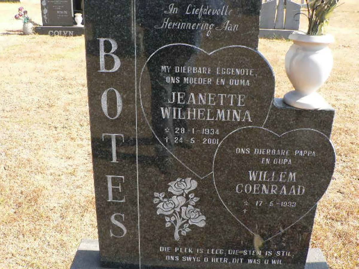 BOTES Willem Coenraad 1933- &amp; Jeanette Wilhelmina 1934-2001