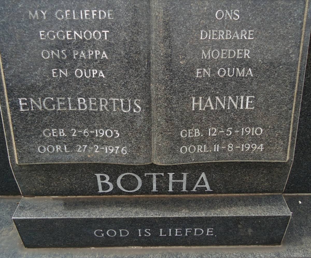 BOTHA Engelbertus 1903-1976 &amp; Hannie 1910-1994