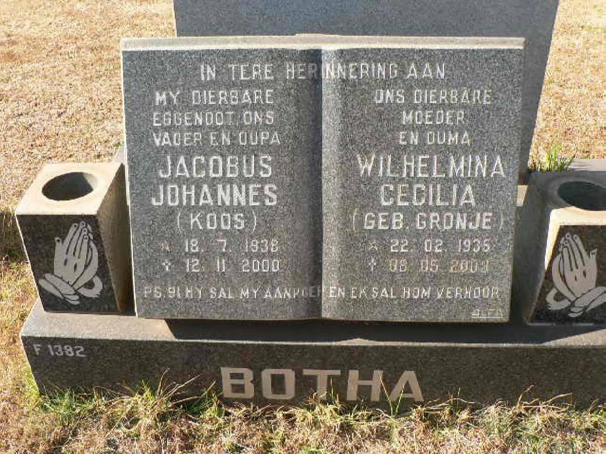 BOTHA Jacobus Johannes 1938-2000 &amp; Wilhelmina Cecilia CRONJE 1935-200?