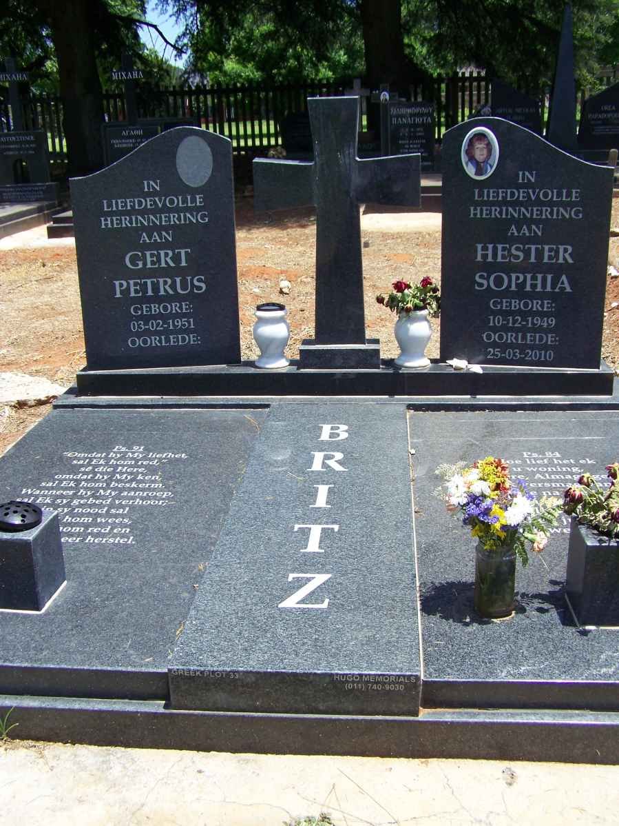 BRITZ Gert Petrus 1951- &amp; Hester Sophia 1949-2010
