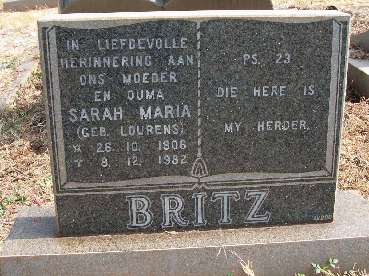 BRITZ Sarah Maria nee LOURENS 1906-1982