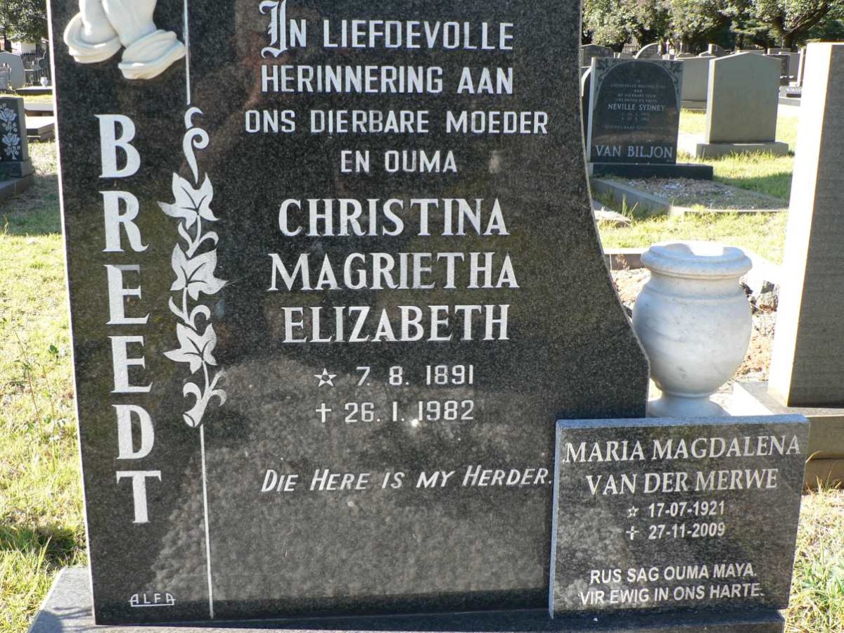 BREEDT Christina Magrietha Elizabeth 1891-1982 :: VAN DER MERWE Maria Magdalena 1921-2009