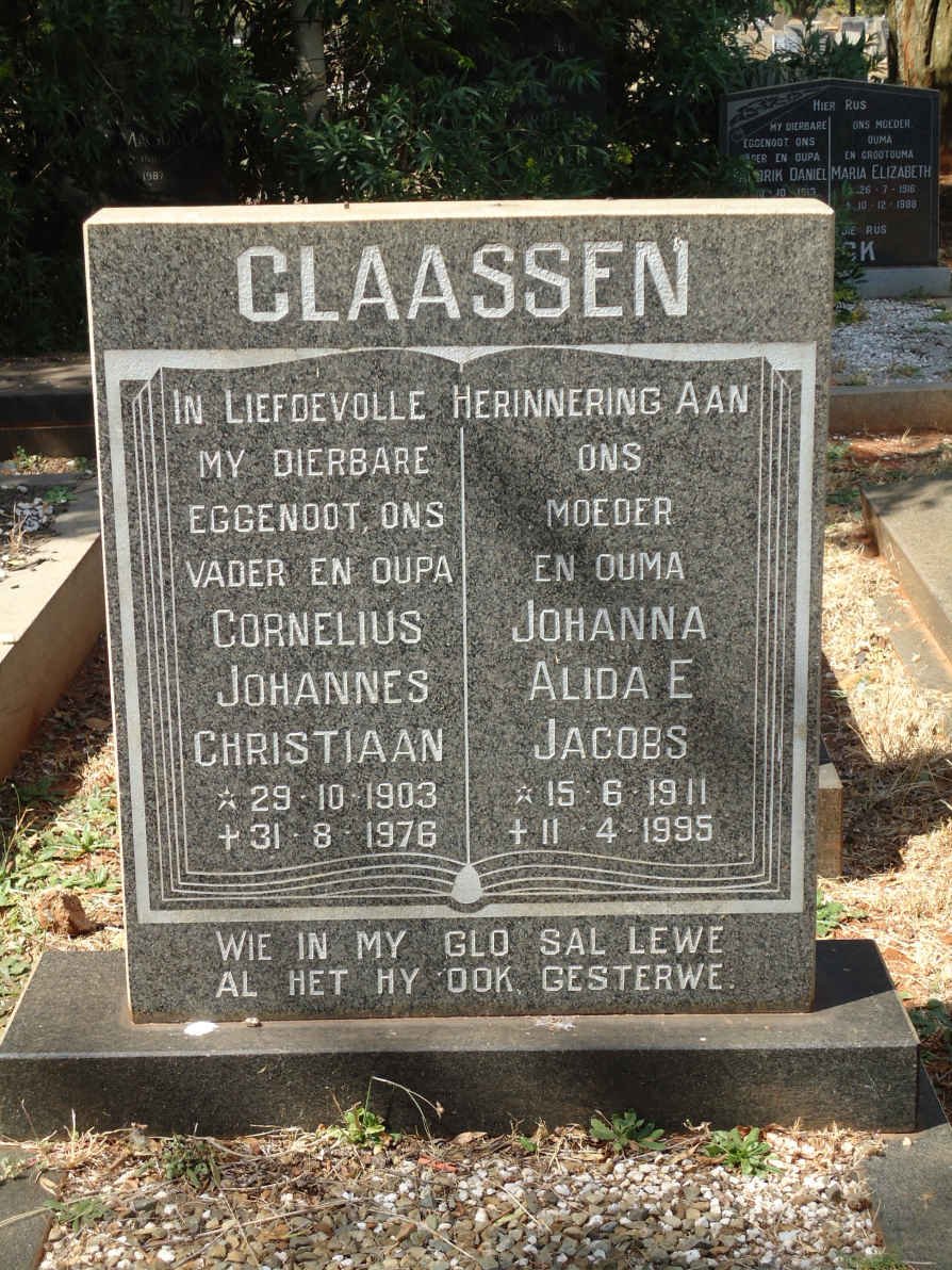 CLAASSEN Cornelius Johannes Christiaan 1903-1976 &amp; Johanna Alida E. JACOBS 1911-1995