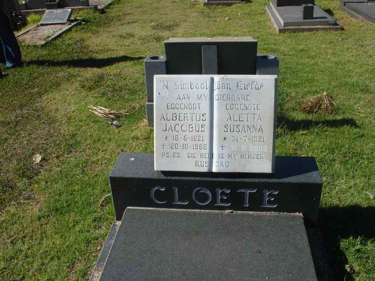CLOETE Albertus Jacobus 1921-1986 &amp; Aletta Susanna 1921-2003