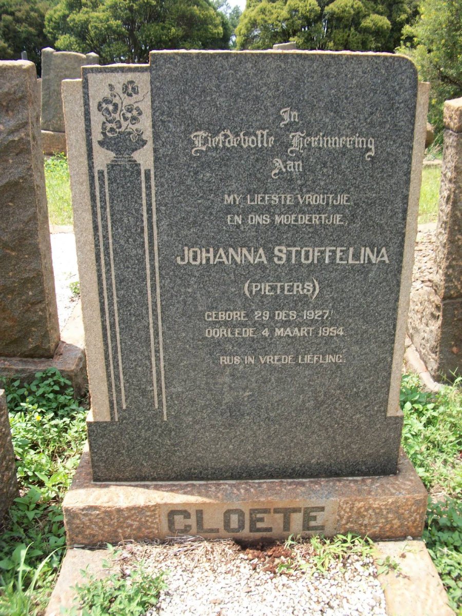 CLOETE Johannes Stoffelina nee PIETERS 1927-1954