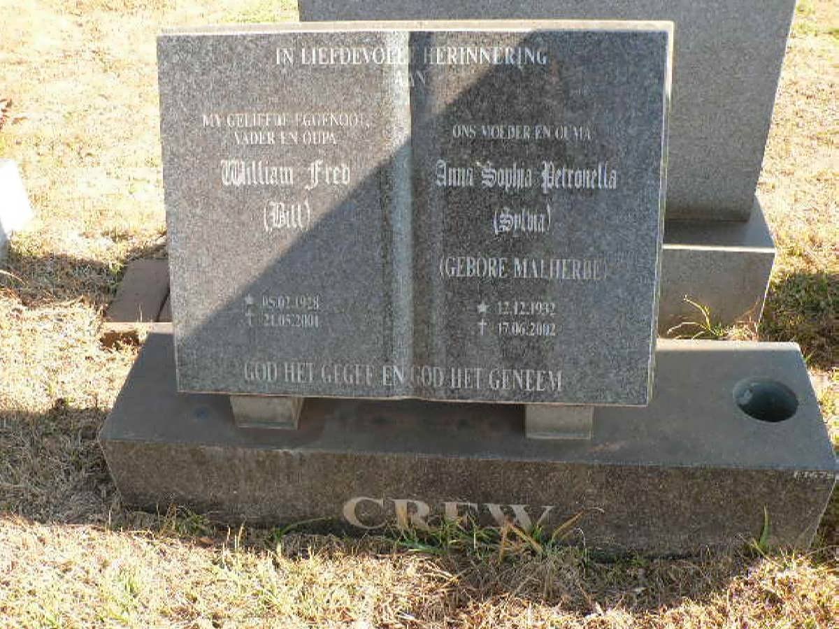 CREW William Fred 1928-2001 &amp; Anna Sophia Petronella MALHERBE 1932-2002