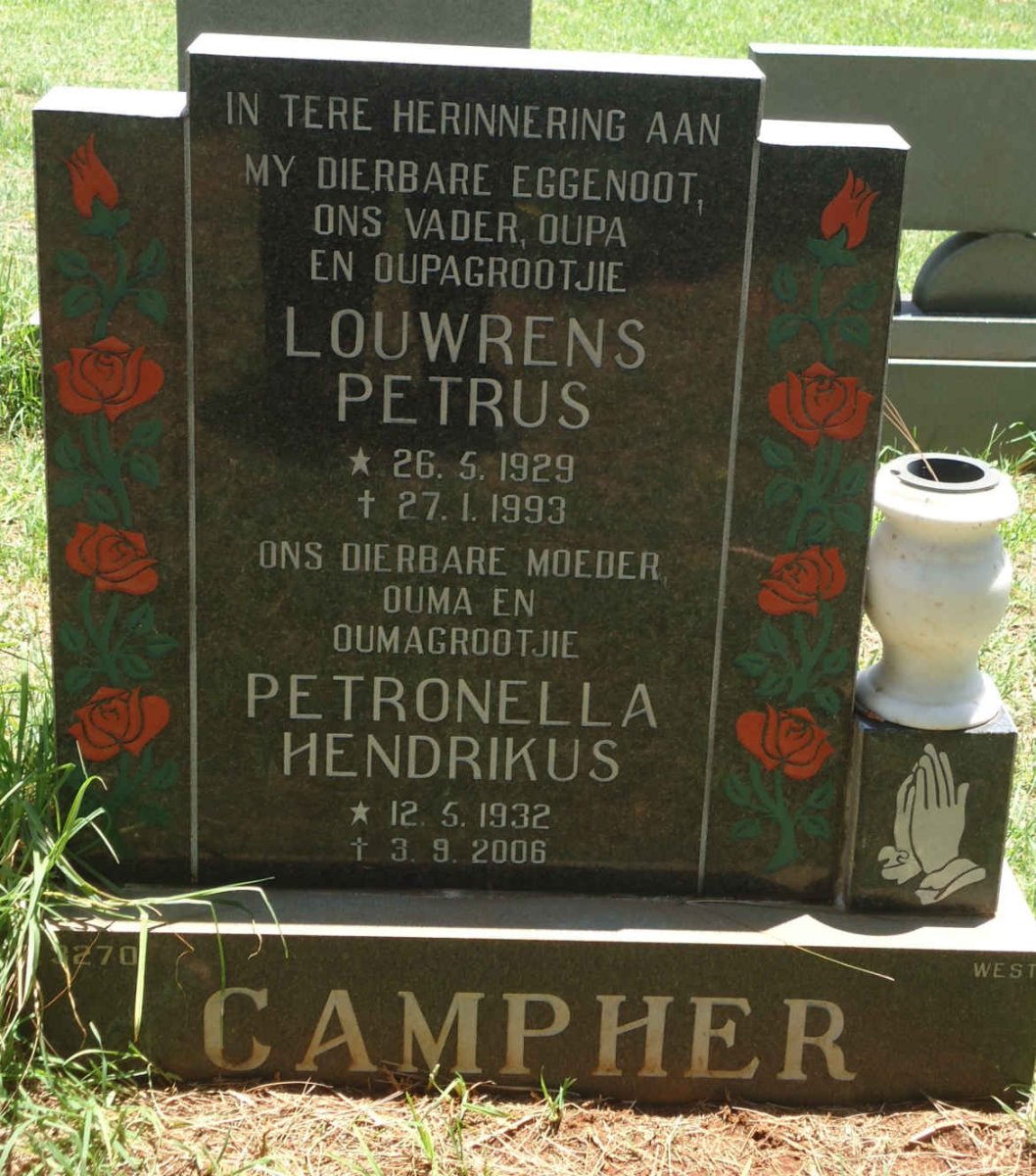 CAMPHER Louwrens Petrus 1929-1993 &amp; Petronella Hendrikus 1932-2006