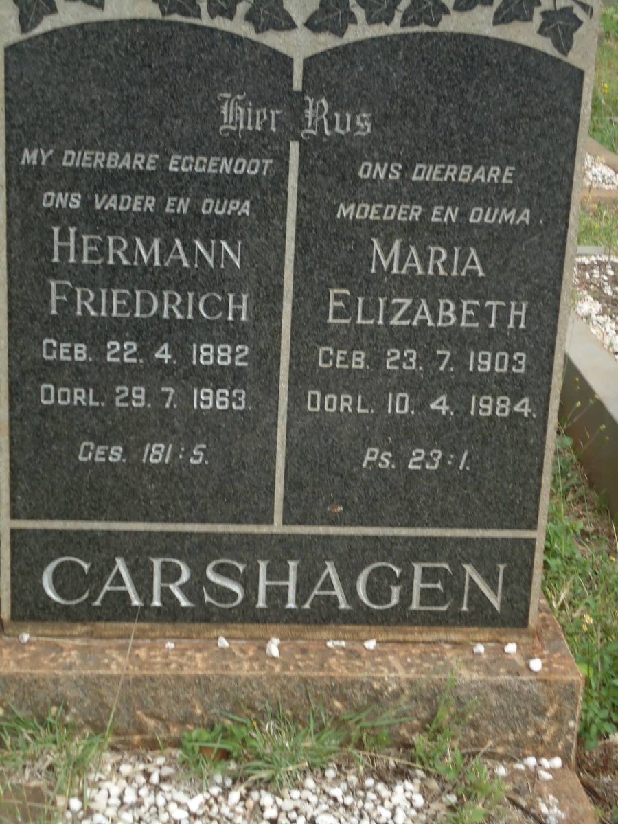 CARSHAGEN Hermann Friedrich 1882-1963 &amp; Maria Elizabeth 1903-1984