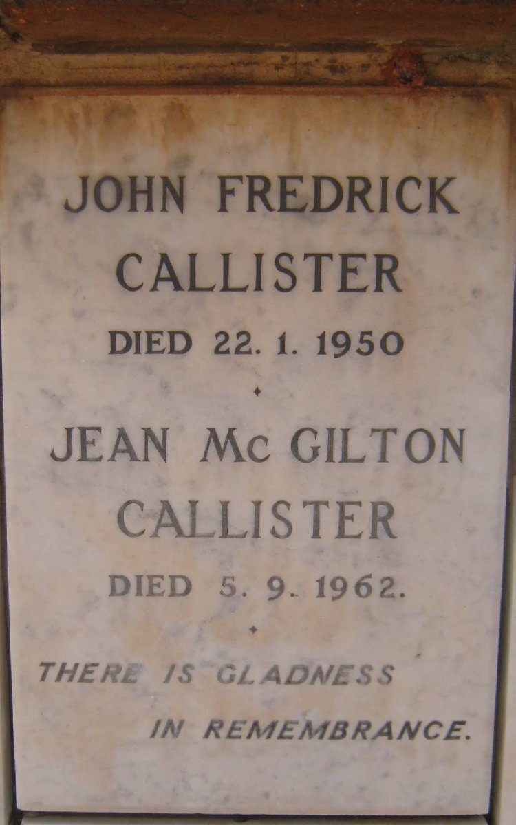 CALLISTER John Fredrick -1950 &amp; Jean Mc GILTON -1962