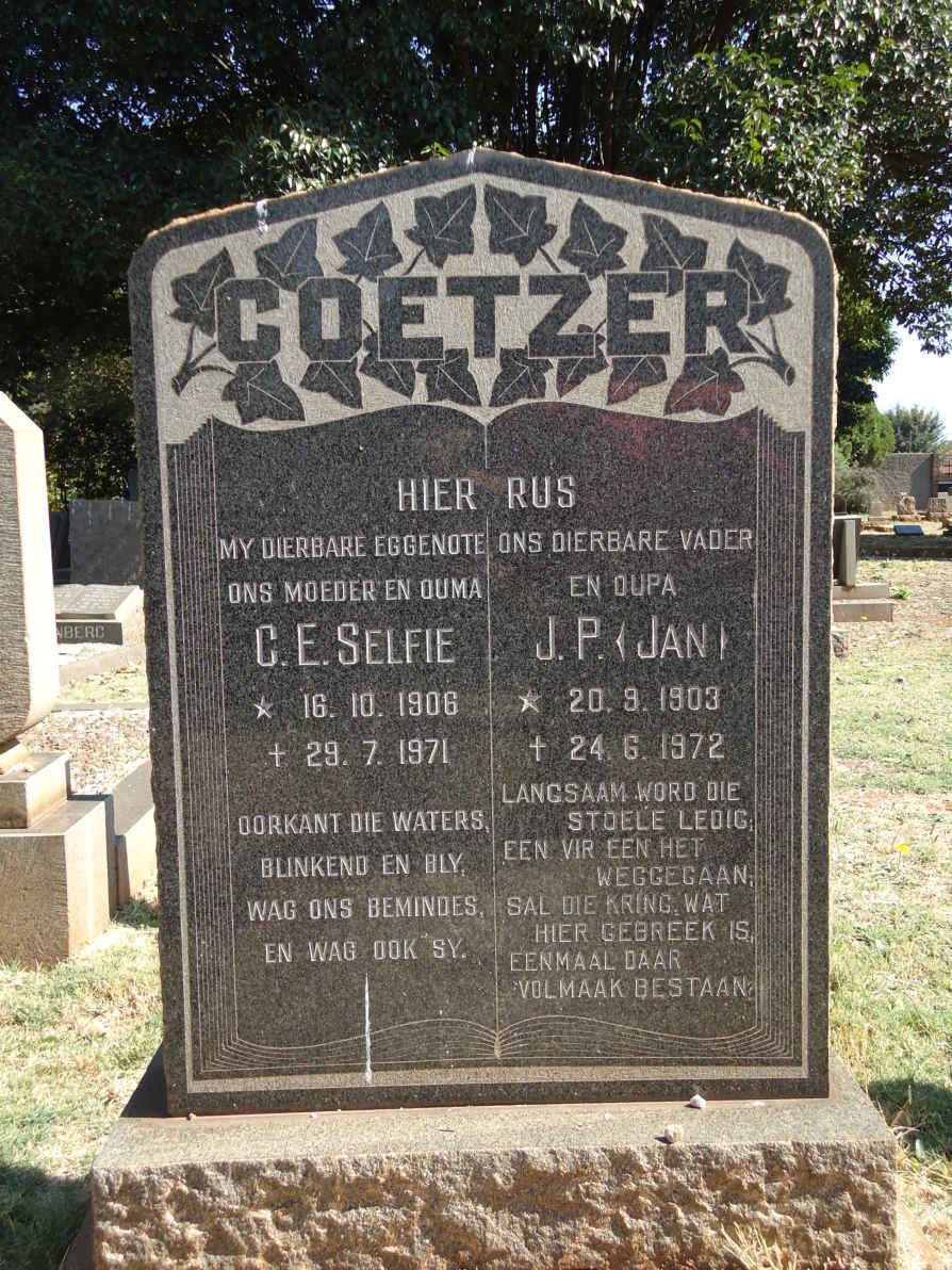 COETZER J.P 1903-1972 &amp; C.E. Selfie 1906-1971