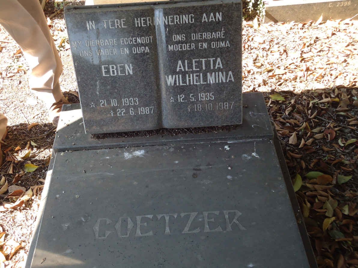 COETZER Eben 1933-1987 &amp; Aletta Wilhelmina 1935-1987