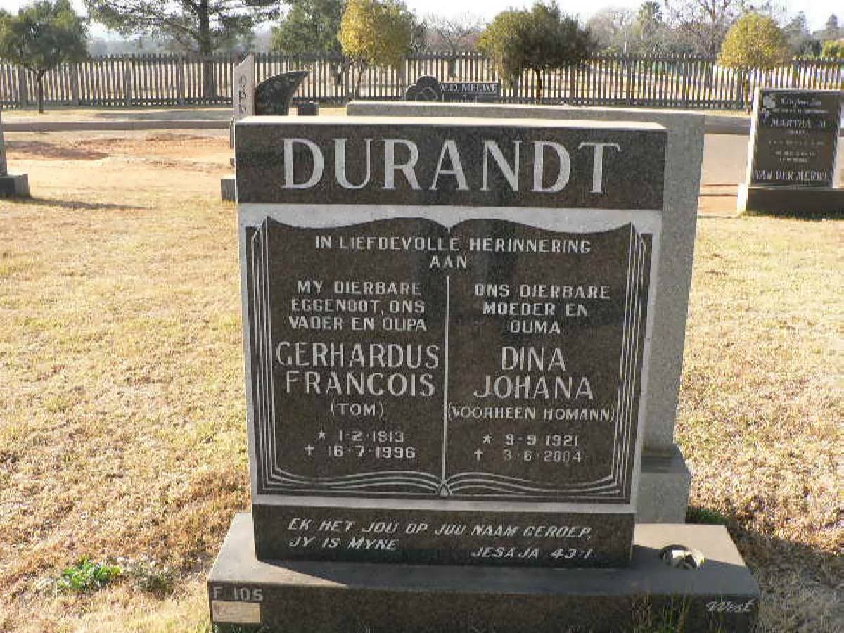 DURANDT Gerhard Francois 1913-1996 &amp; Dina Johanna voorheen  HOMANN 1921-2004