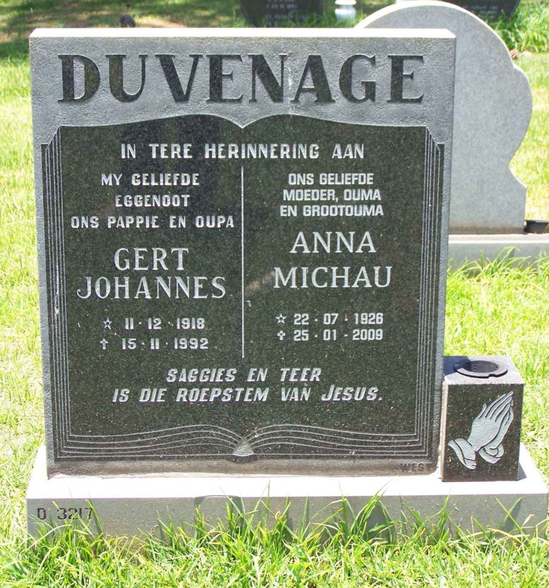 DUVENHAGE Gert Johannes 1918-1992 &amp; Anna Michau 1926-2009