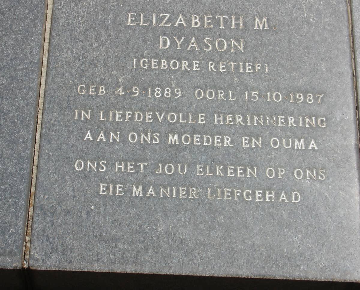 DYASON Elizabeth M. nee RETIEF 1889-1987