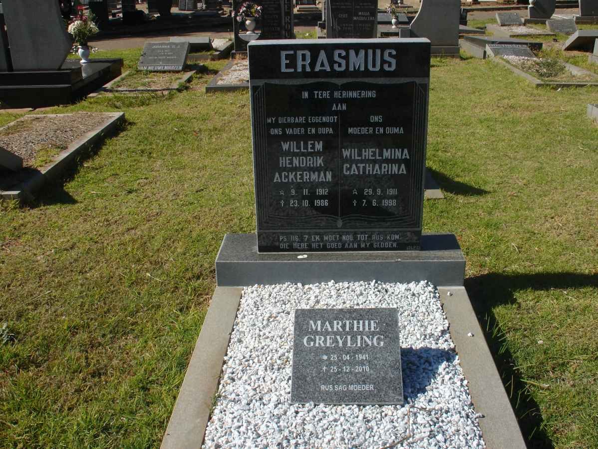 ERASMUS Willem Hendrik Ackerman 1912-1986 &amp; Wilhelmina Catharina 19?-19? :: GREYLING Marthie 1941-2010