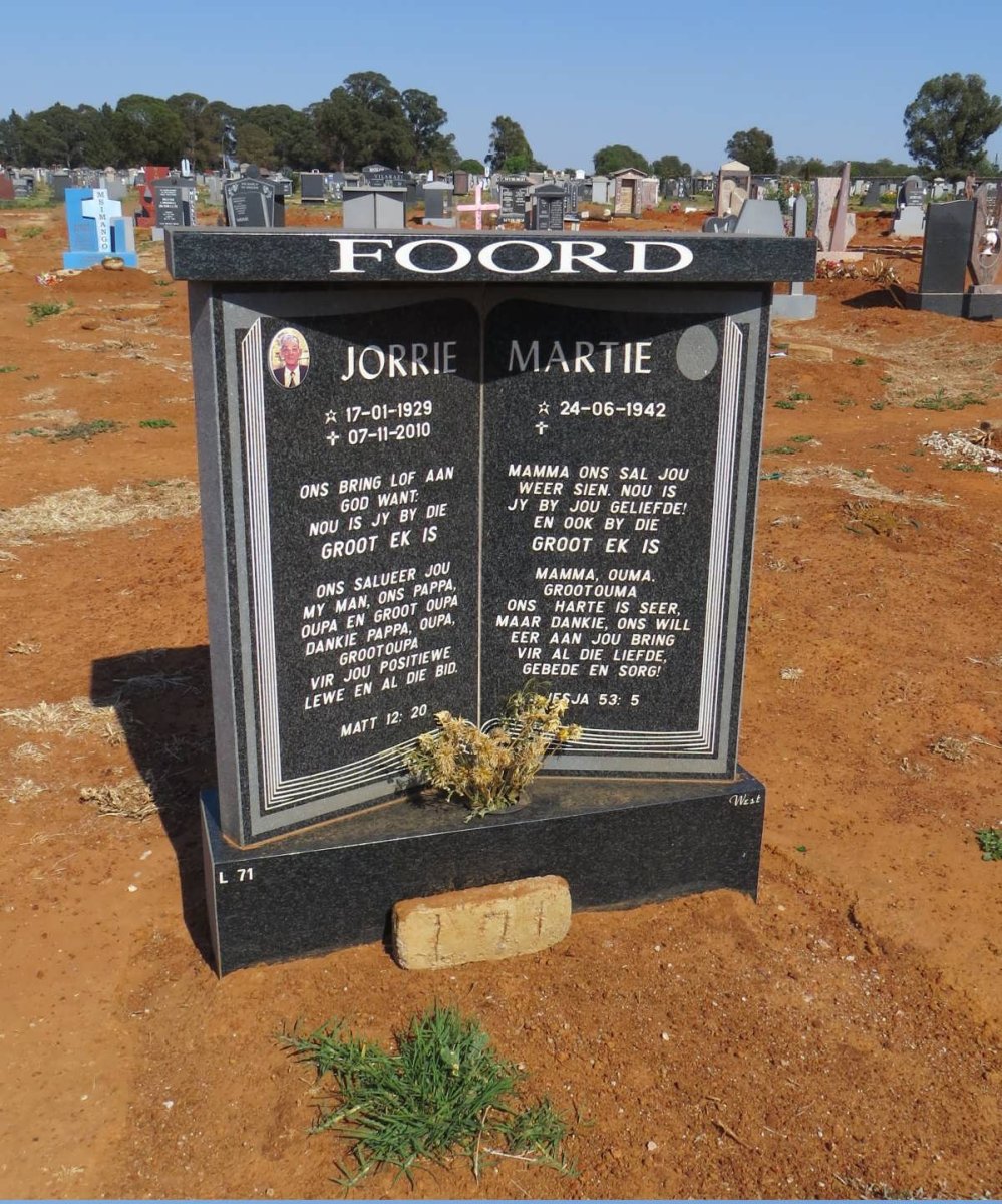 FOORD Jorrie 1929-2010 &amp; Martie 1942-