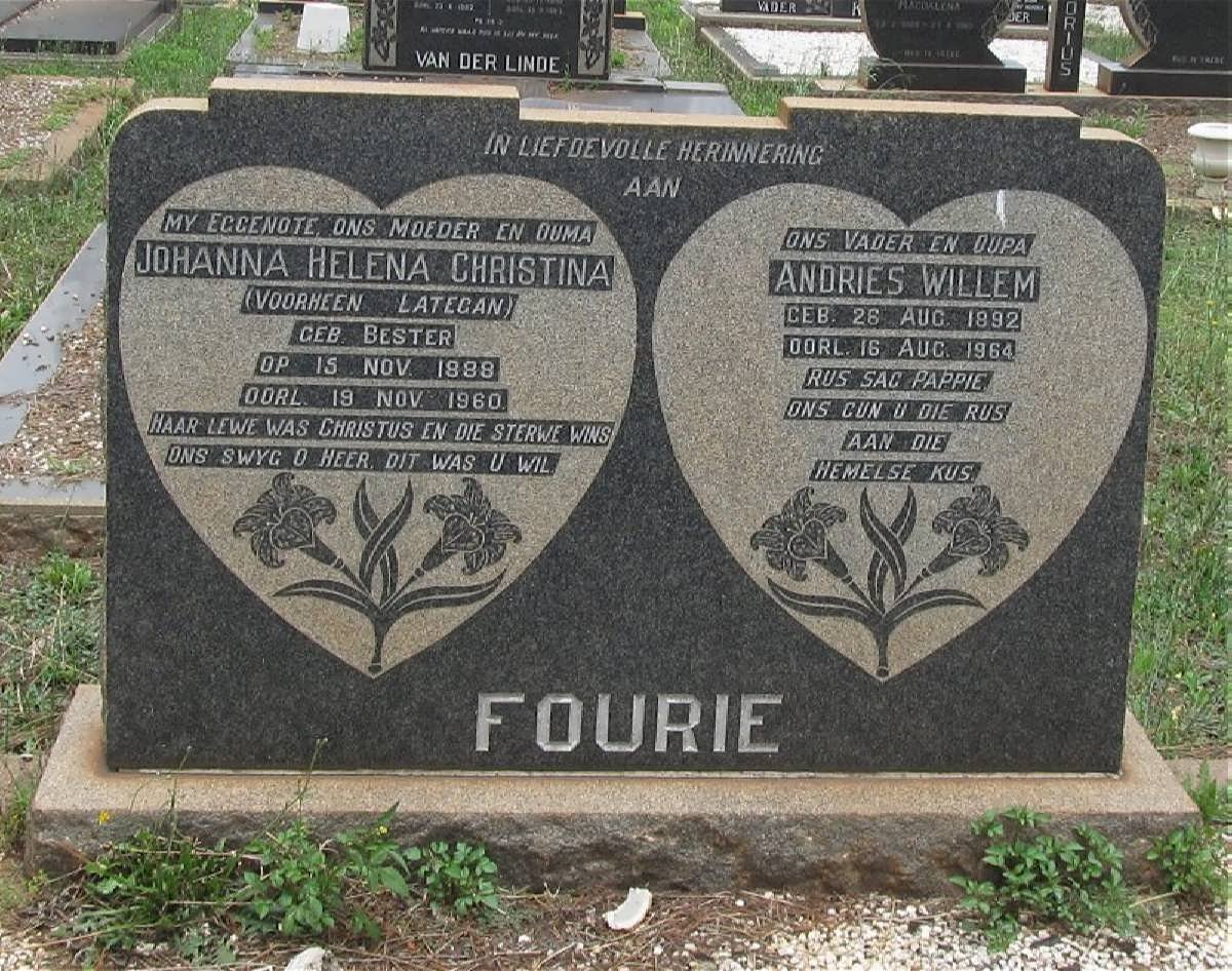 FOURIE Andries Willem 1892-1964 &amp; Johanna Helena Christina formerly LATEGAN nee BESTER 1888-1960