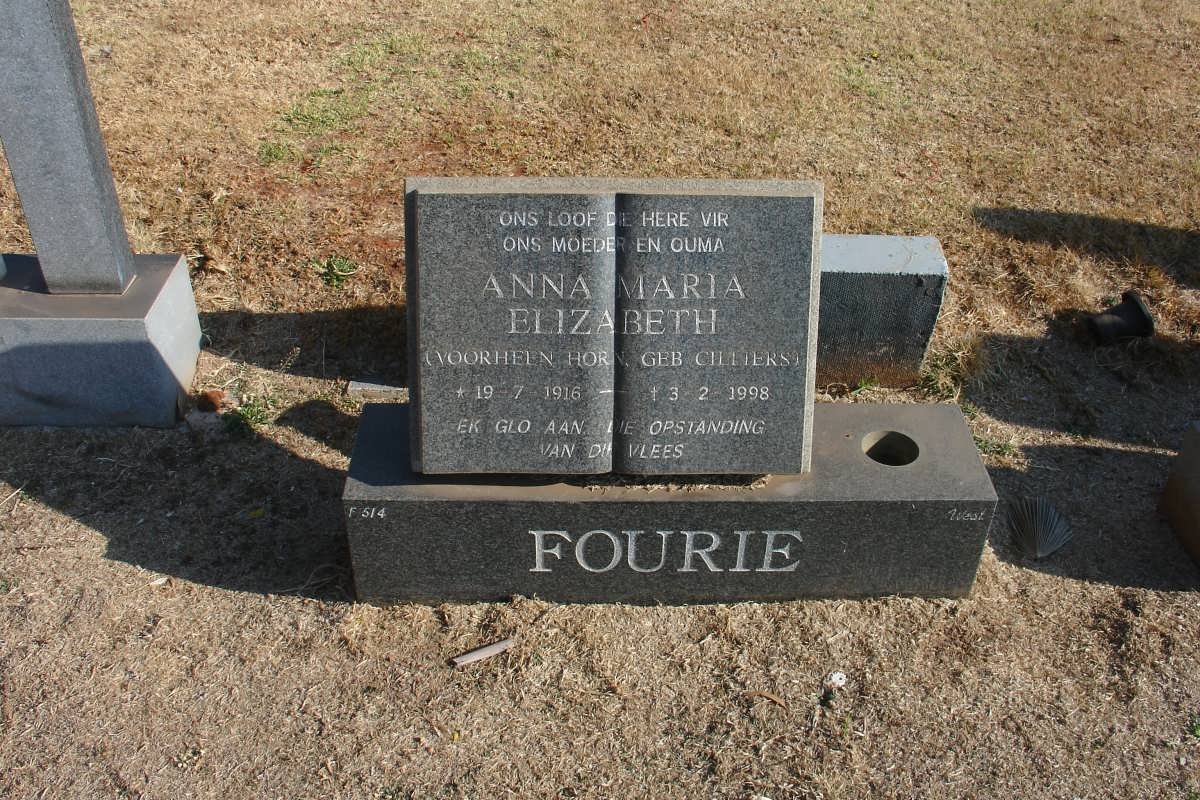 FOURIE Anna Maria Elizabeth voorgeen HORN geb CILLIERS 1916-1998