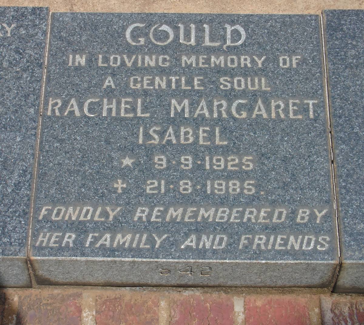 GOULD Rachel Margaret isabel 1925-1985