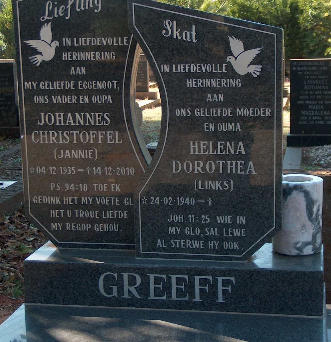GREEFF Johannes Christoffel 1935-2010 &amp; Helena Dorothea LINKS 1940-