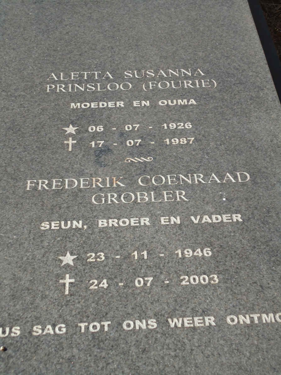 GROBLER Frederik Coenraad 1946-2003 :: PRINSLOO Aletta Susanna nee FOURIE 1926-1987