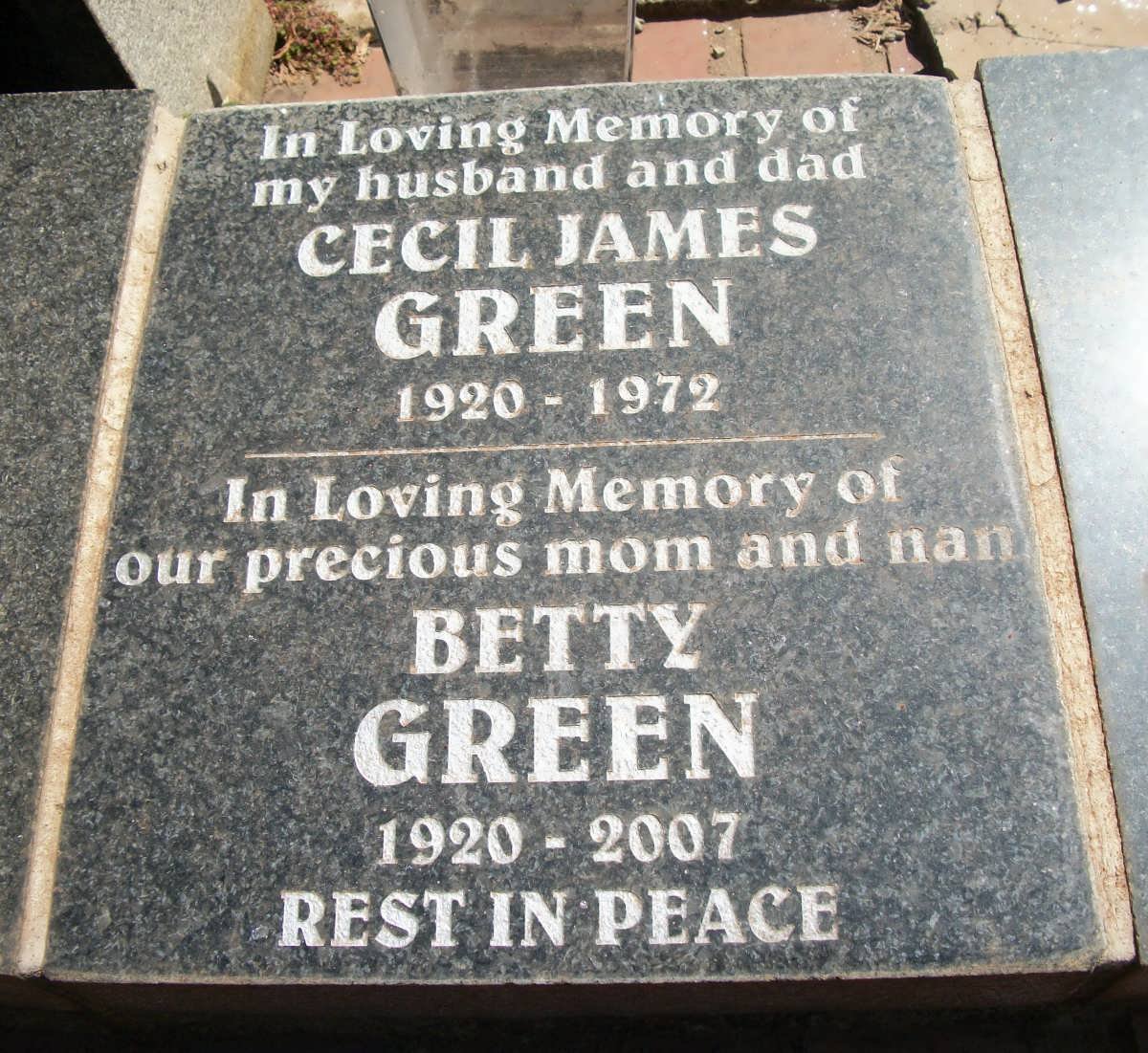 GREEN Cecil James 1920-1972 &amp; Betty 1920-2007