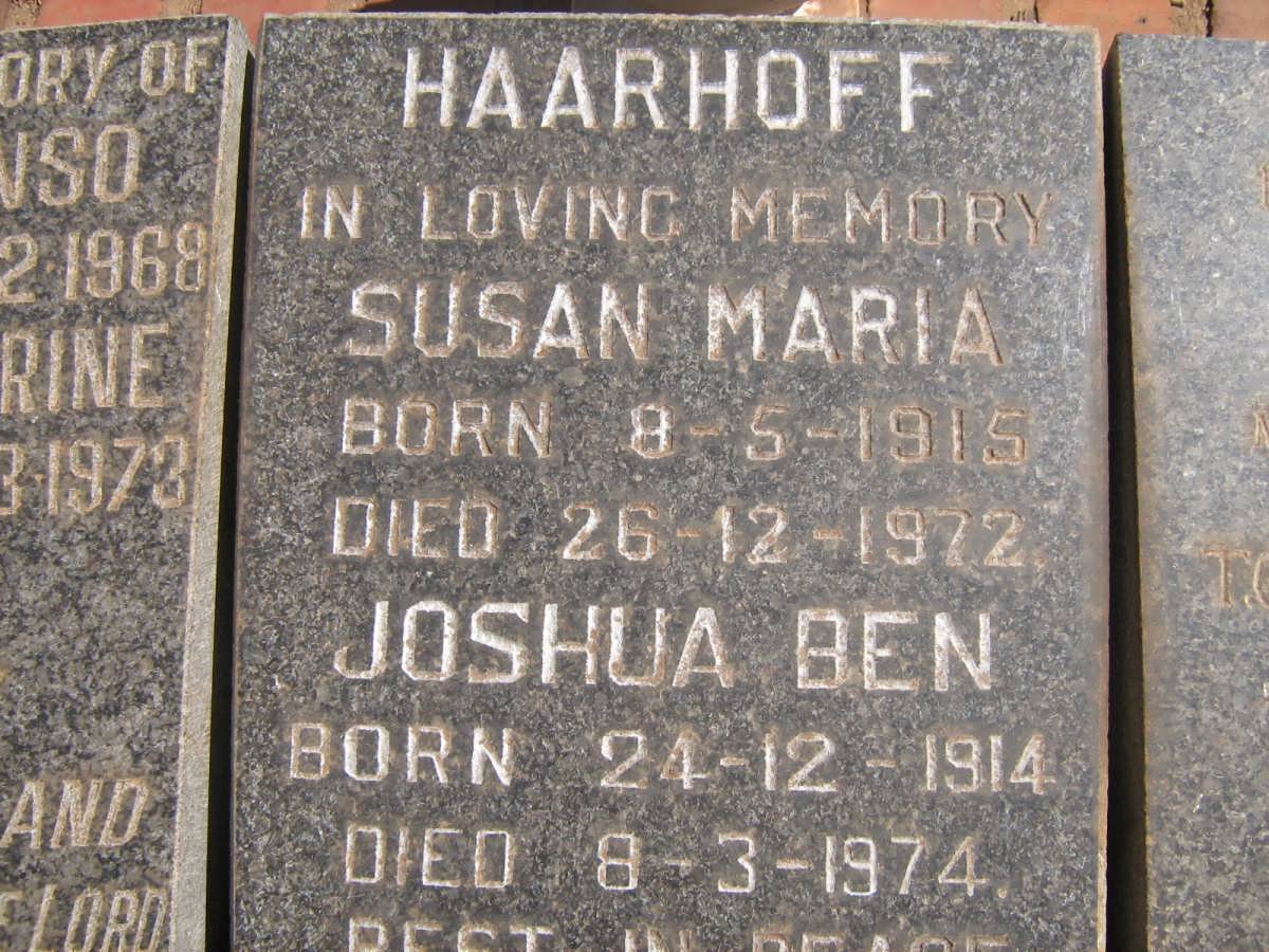HAARHOFF Joshua Ben 1914-1974  Susan Maria 1915-1972