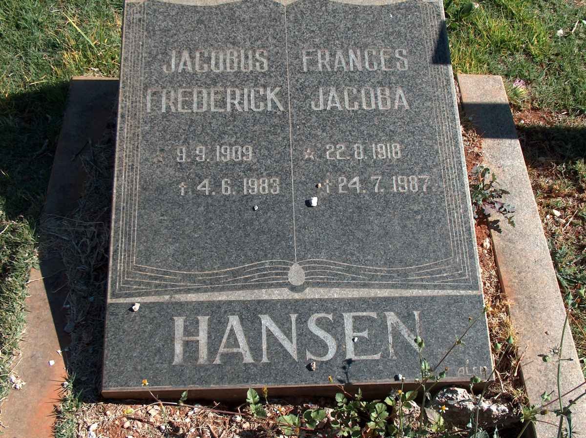 HANSEN Jacobus Frederick 1909-1983 &amp; Frances Jacoba 1918-1987