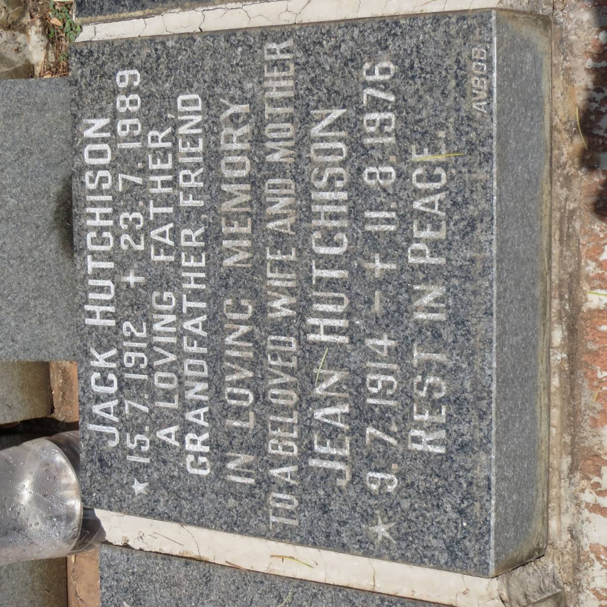 HUTCHINSON Jack 1912-1989 &amp; Jean 1914-1976
