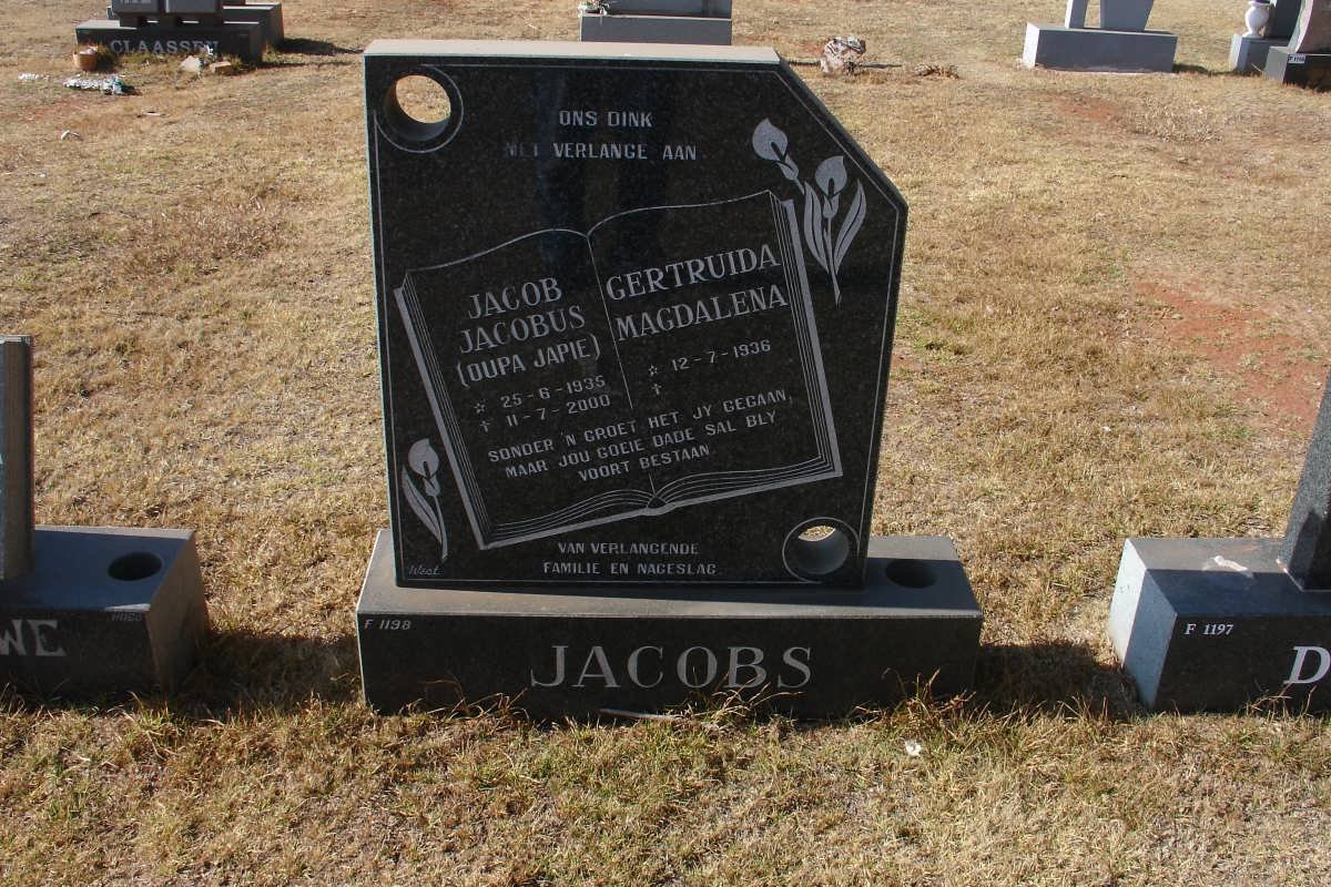 JACOBS Jacob Jacobus 1935-2000 &amp; Gertruida Magdalena 1936-