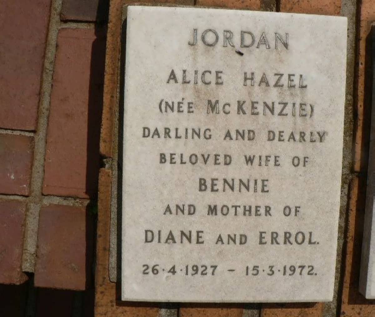 JORDAN Alice Hazel nee MCKENZIE 1927-1972