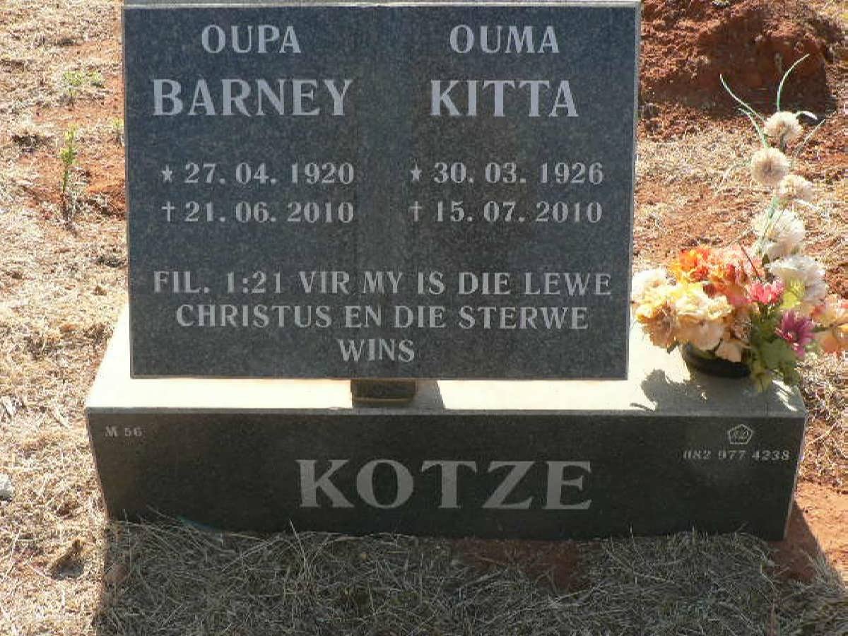 KOTZE Barney 1920-2010 &amp; Kitta 1926-2010