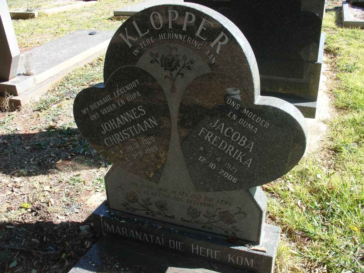 KLOPPER Johannes Christiaan 1920-1988 &amp; Jacoba Fredrika 1921-2006
