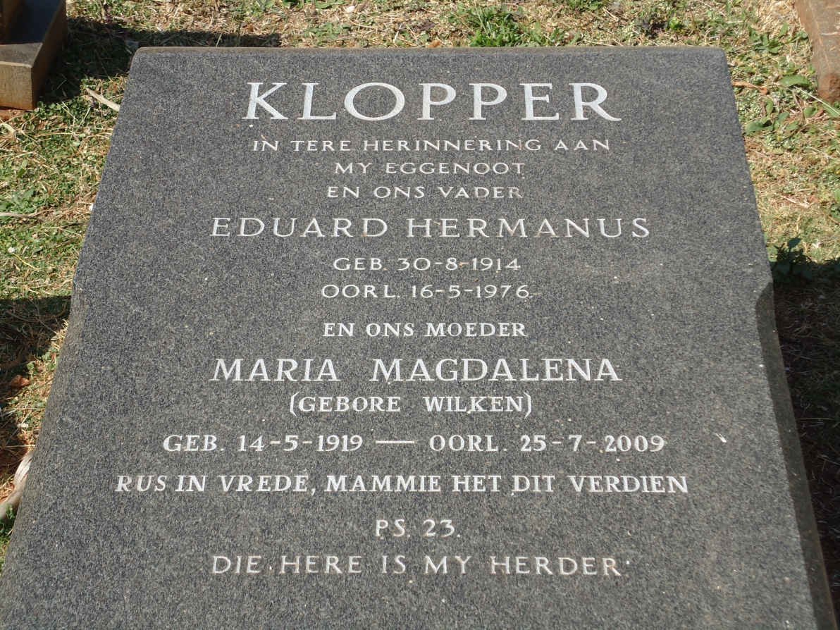 KLOPPER Eduard Hermanus 1914-1976 &amp; Maria Magdalena WILKEN 1919-200
