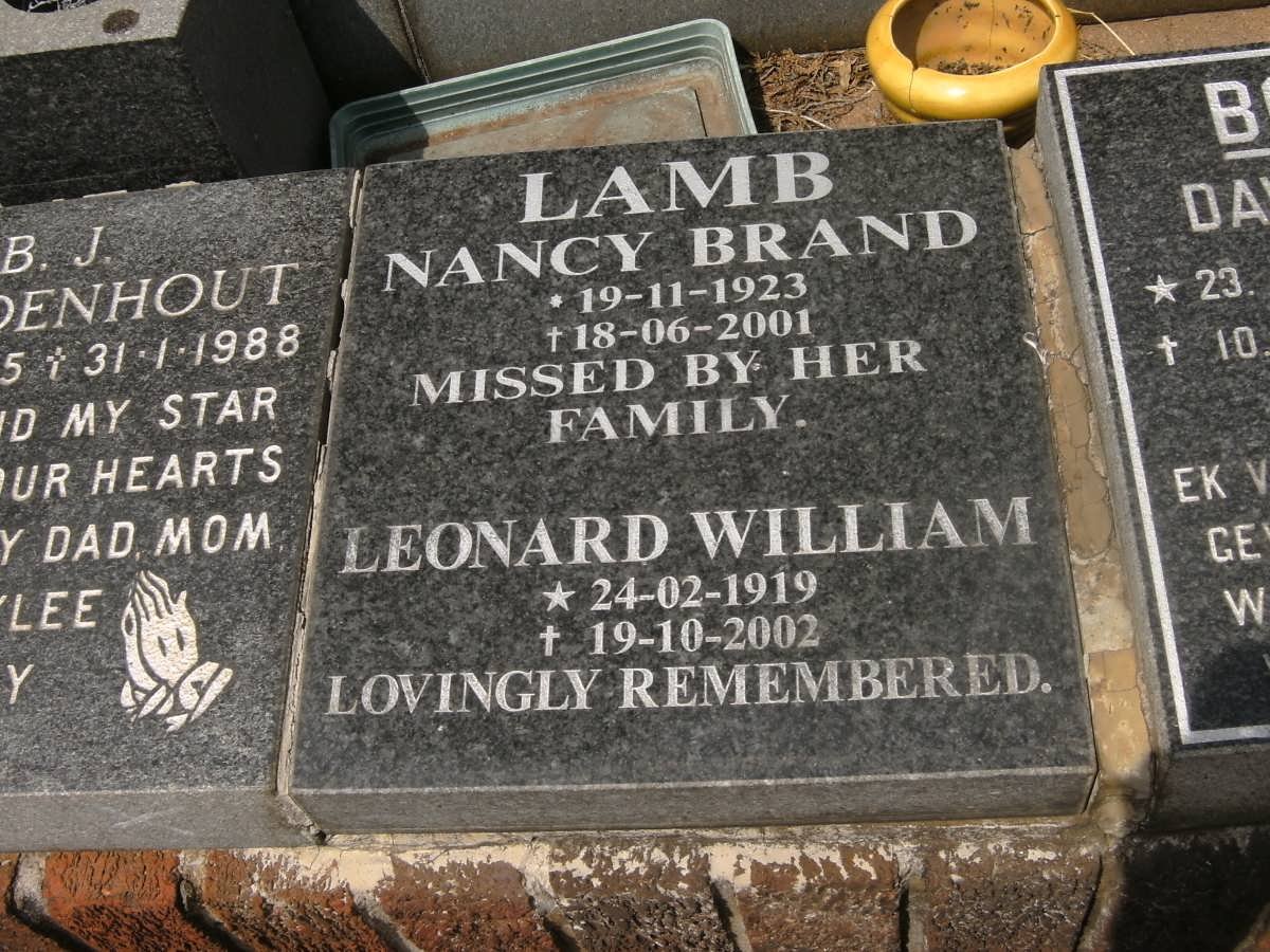 LAMB Leonard William 1919-2002 &amp; Nancy Brand 1923-2001