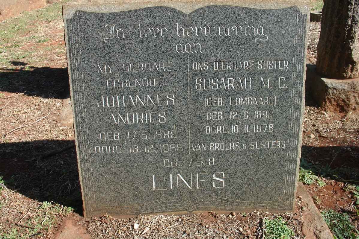 LINES Johannes Andries 1889-1969 &amp; Susarah M.C. LOMBAARD 1898-1978