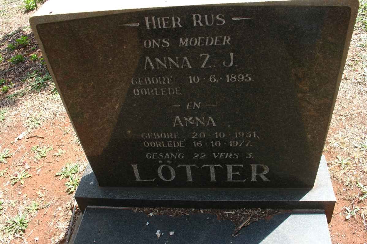 LOTTER Anna Z.J. 1895- :: LOTTER Anna 1931-1977