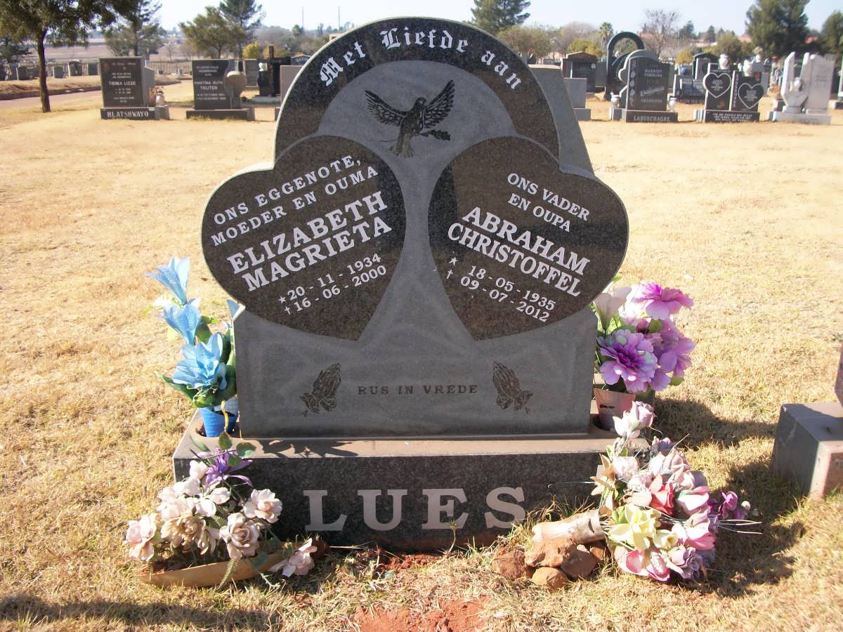 LUES Abraham Christoffel 1935-2012 &amp; Elizabeth Magrieta 1934-2000