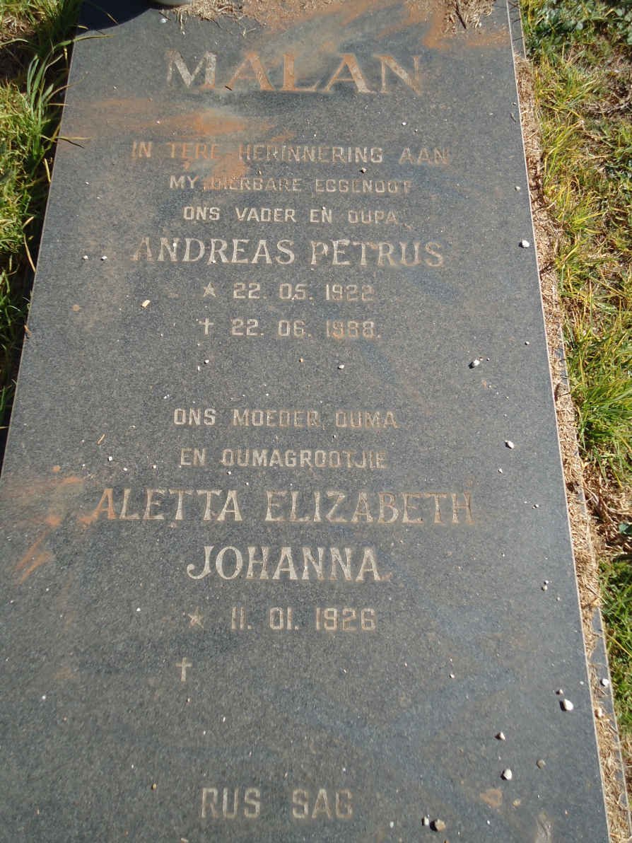 MALAN Andreas Petrus 1922-1988 &amp; Aletta Elizabeth Johanna 1926-