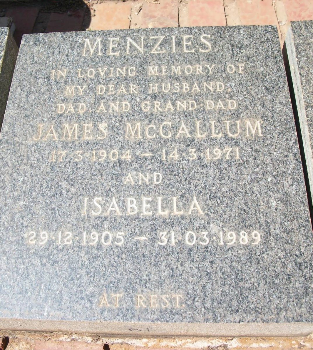 MENZIES James McCallum 1904-1971 &amp; Isabella 1905-1989