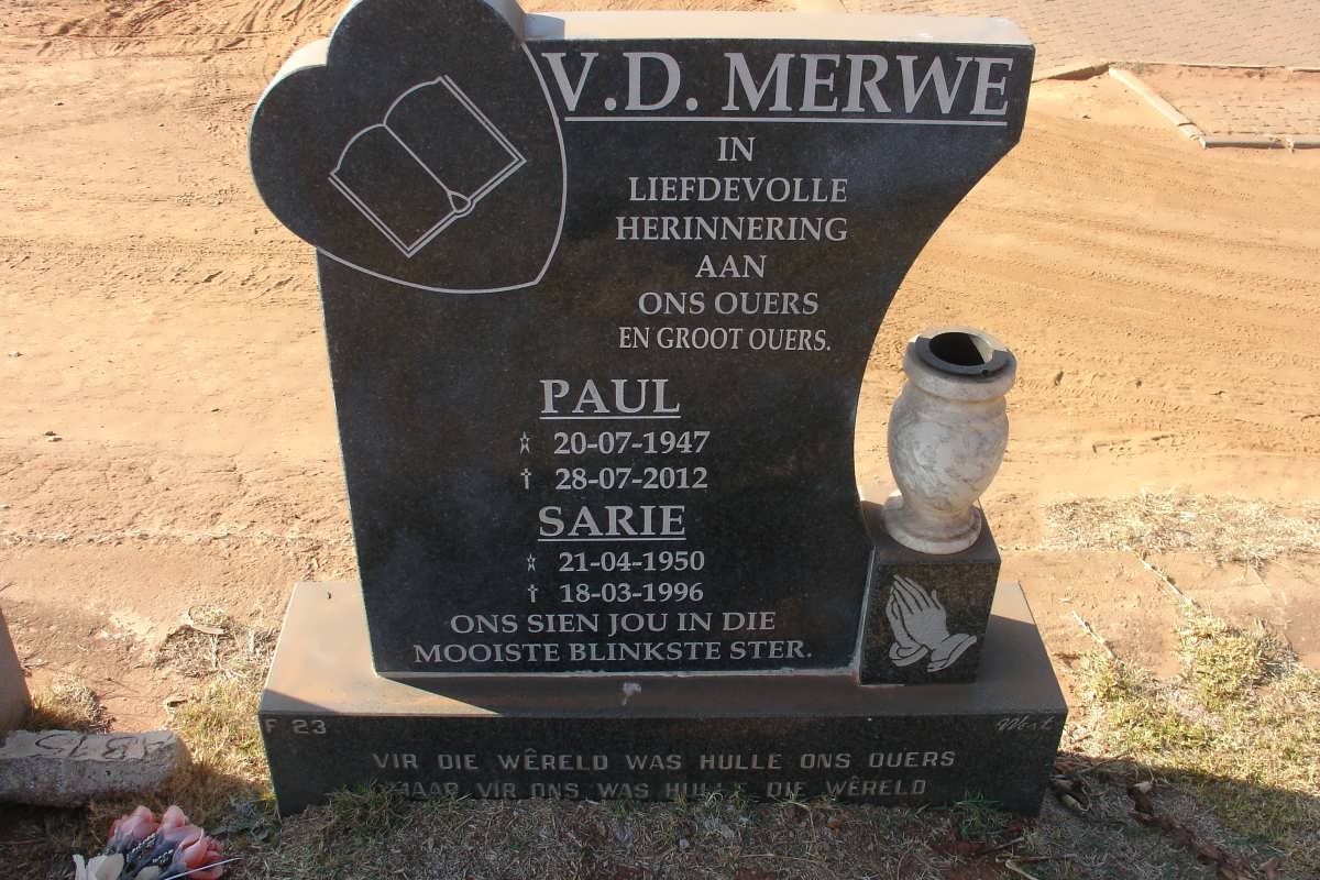MERWE Paul van der 1947-2012 &amp; Sarie 1950-1996