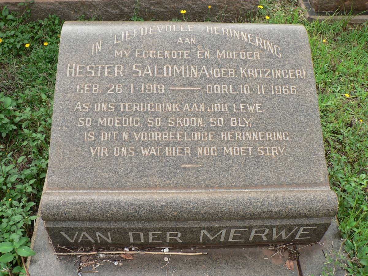 MERWE Hester Salomina, van der nee KRITZINGER 1919-1966