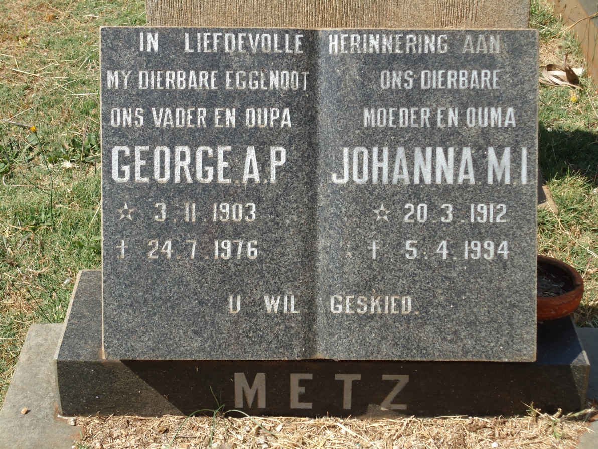 METZ George A.P. 1903-1976 &amp; Johanna M.I. 1912-1994