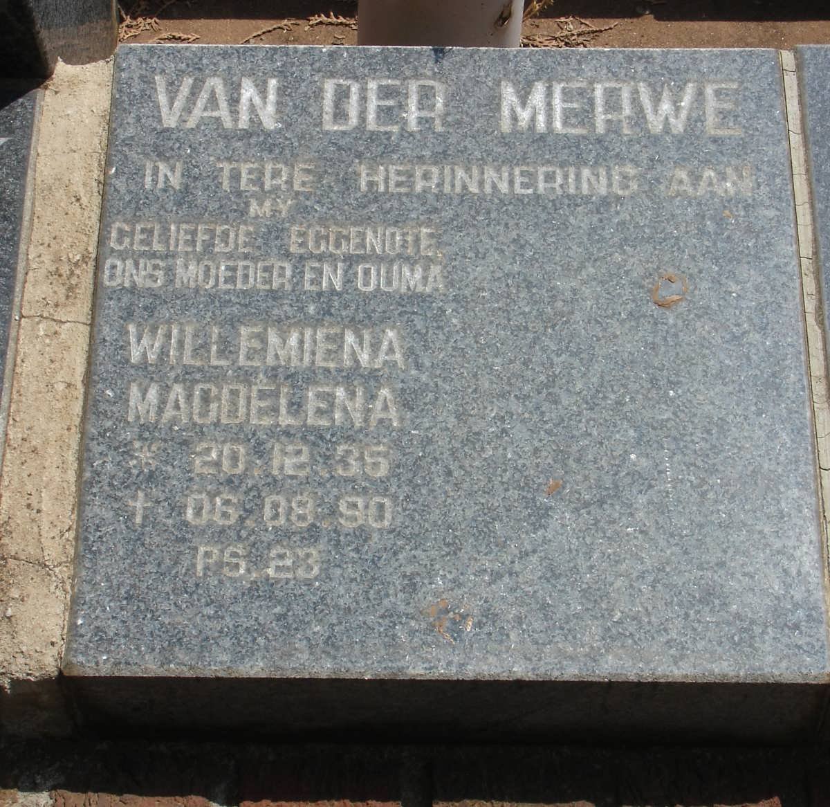 MERWE Willemina Magdelena, van der 1935-1990